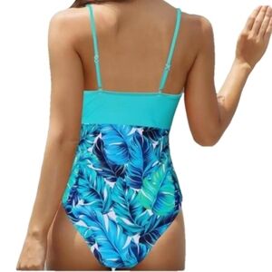 Binlowis Tropical Green V Neck Womens One Piece Swimsuit Size Large NEW